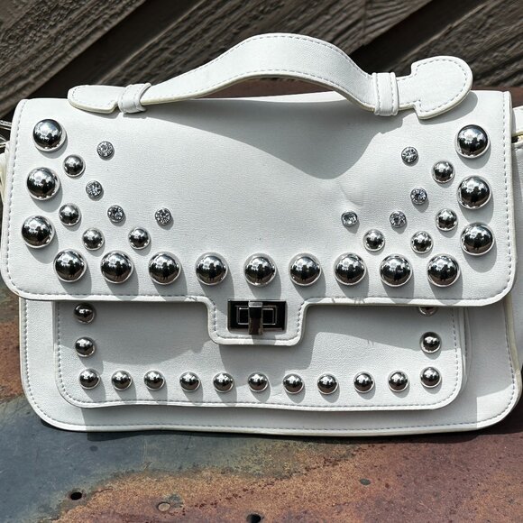Steve Madden White Vegan Leather Top Handle or Crossbody Purse with Silver Studs - Picture 1 of 13